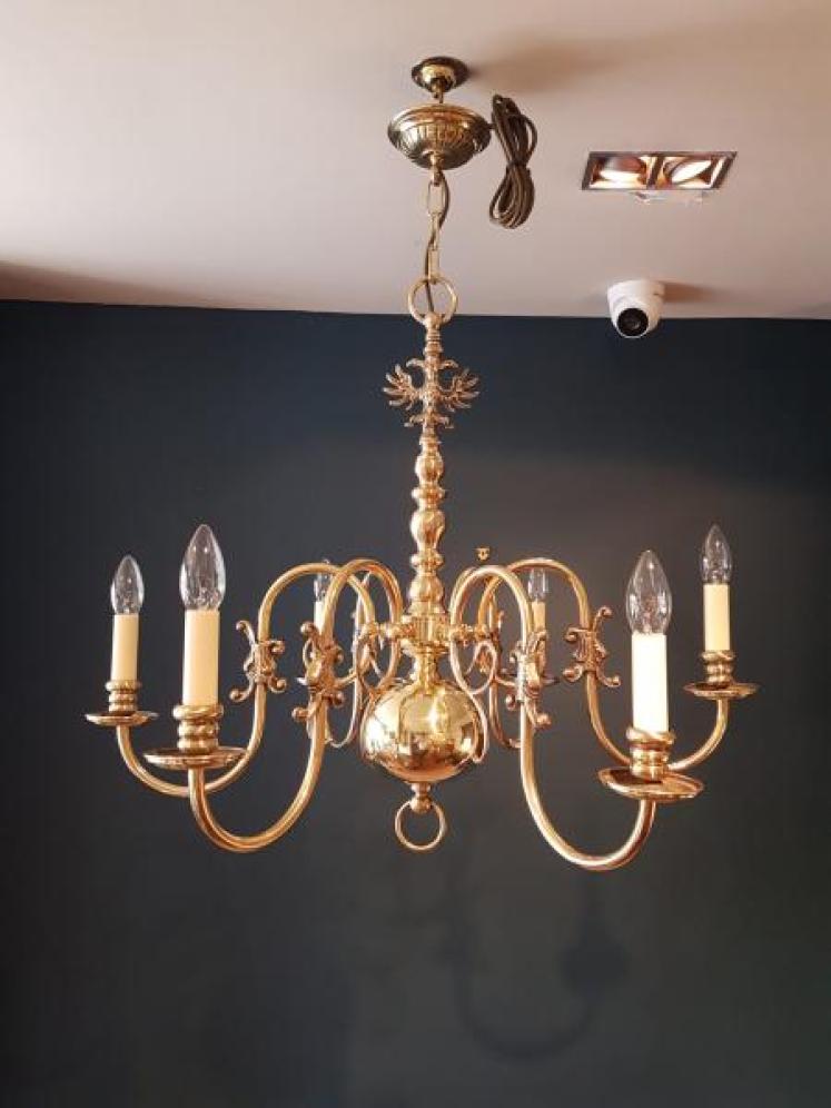Fully Restored Edwardian Brass Six Arm Chandelier - Image 1