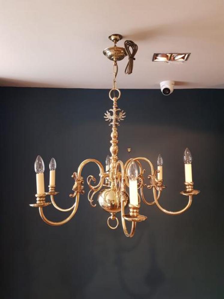 Fully Restored Edwardian Brass Six Arm Chandelier - Image 7