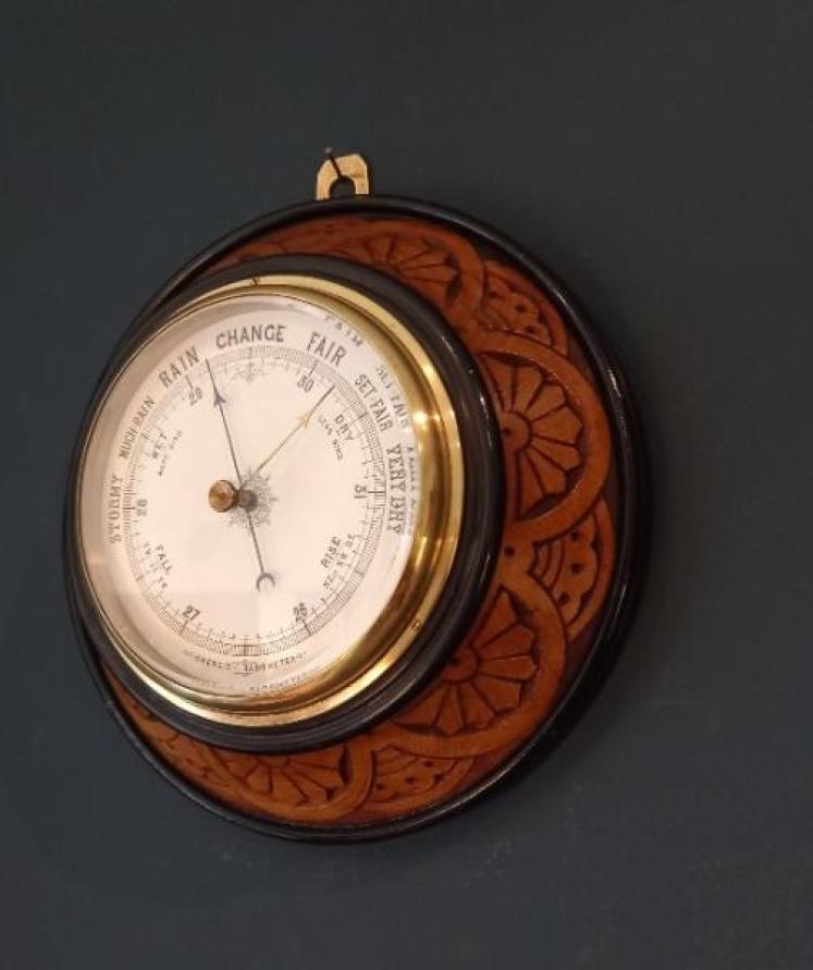 Mid Victorian Carved Oak & Ebony Barometer - Image 1