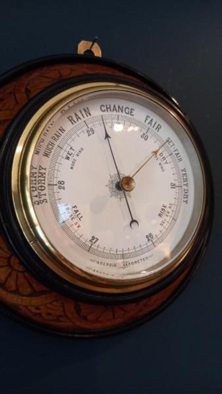 Mid Victorian Carved Oak & Ebony Barometer - Image 2