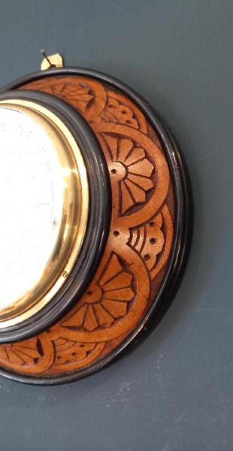 Mid Victorian Carved Oak & Ebony Barometer - Image 6