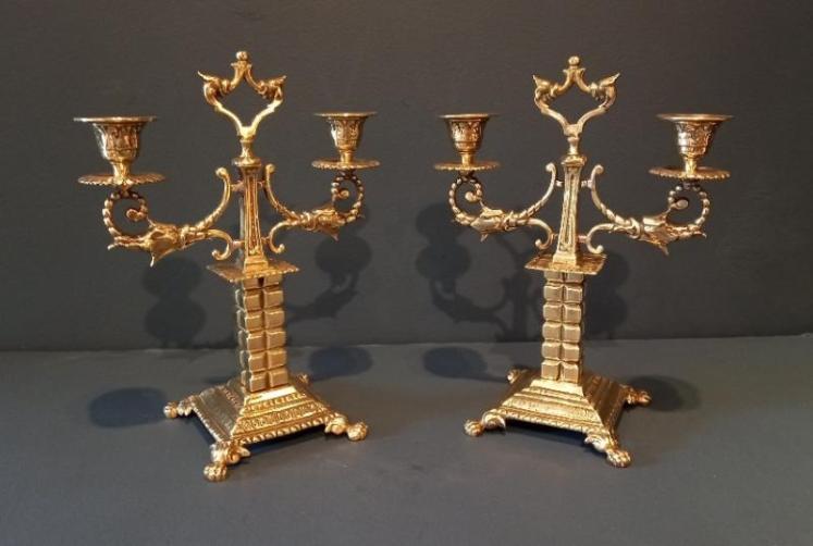 Matching Pair of Victorian Brass Twin Arm Candlesticks - Image 7