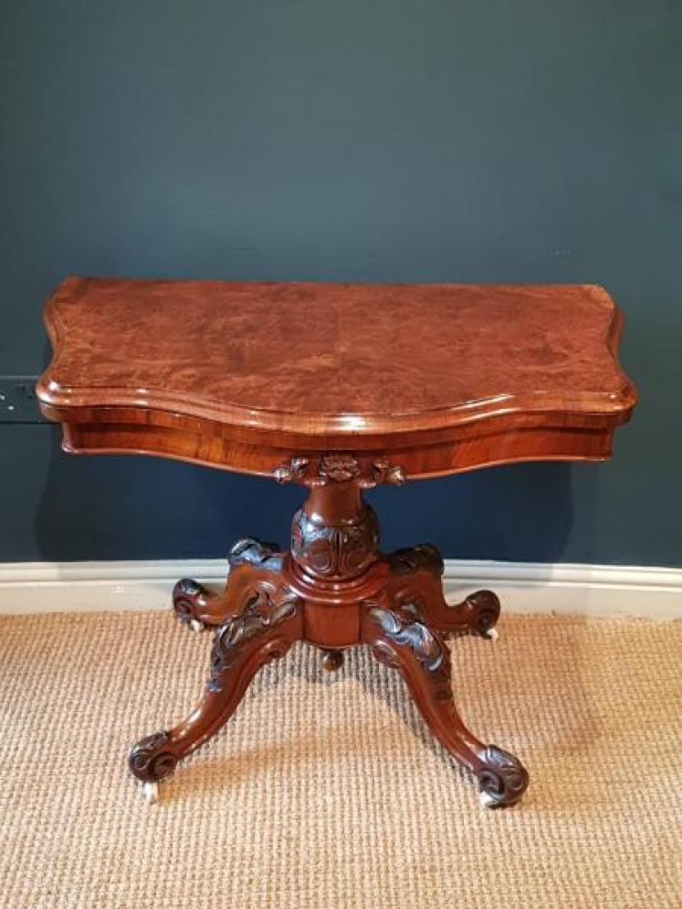 Stylish Victorian Burr Walnut Fold Over Gaming Table - Image 1