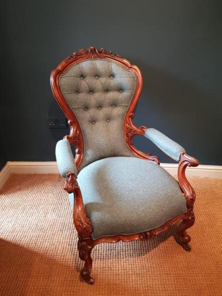 Victorian Carved Walnut Frame Open Arm Chair - Image 1