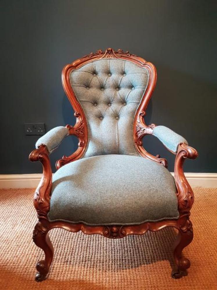 Victorian Carved Walnut Frame Open Arm Chair - Image 6