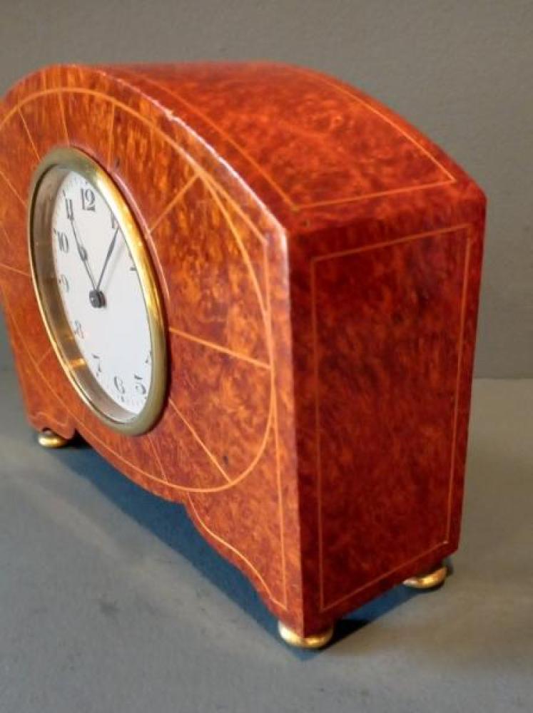 Edwardian Period Burr Walnut Sunburst Inlay Mantel Clock - Image 4