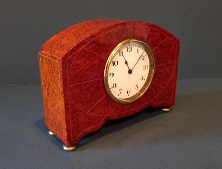 Edwardian Period Burr Walnut Sunburst Inlay Mantel Clock - Image 7