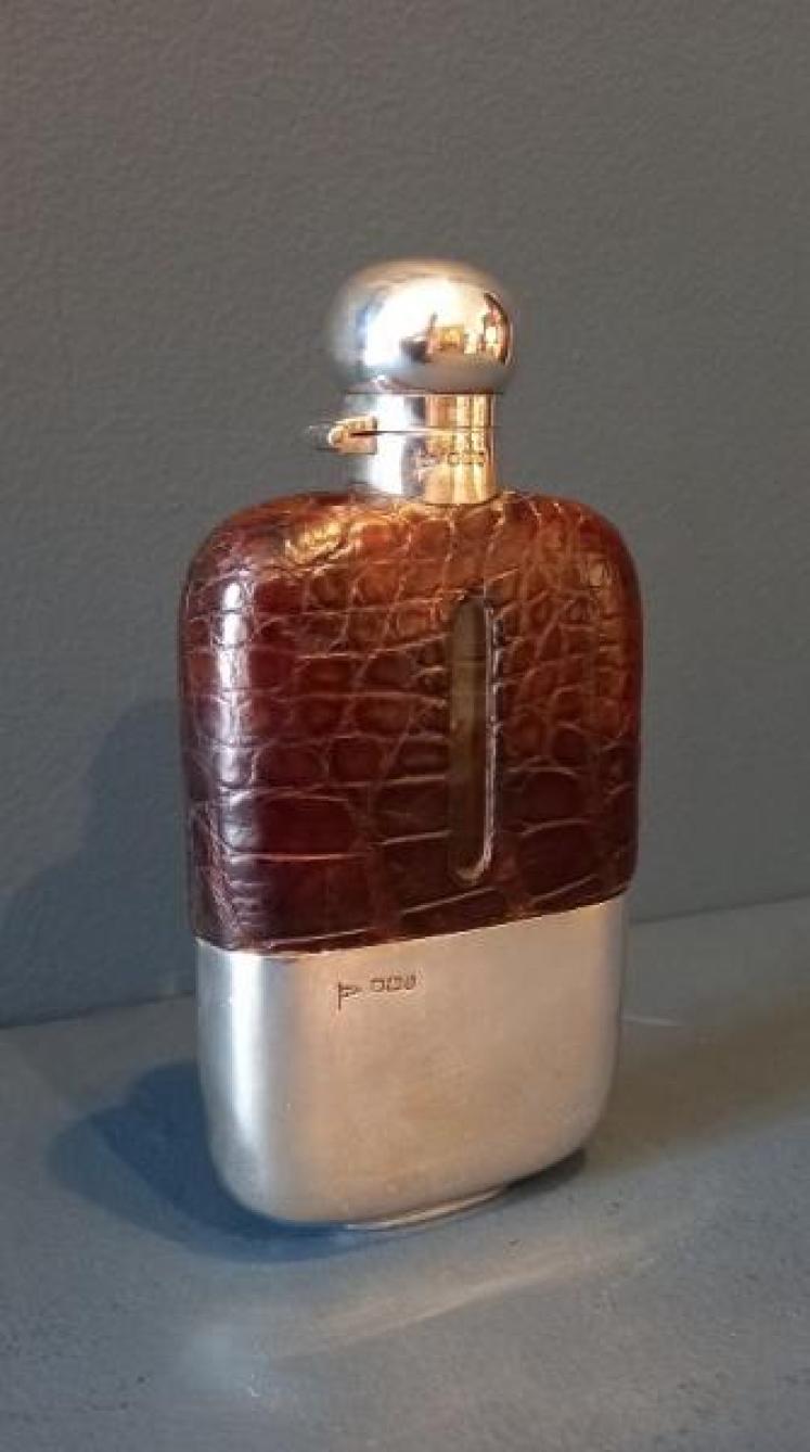 Superb Victorian Silver & Crocodile Skin Hip Flask - Image 1