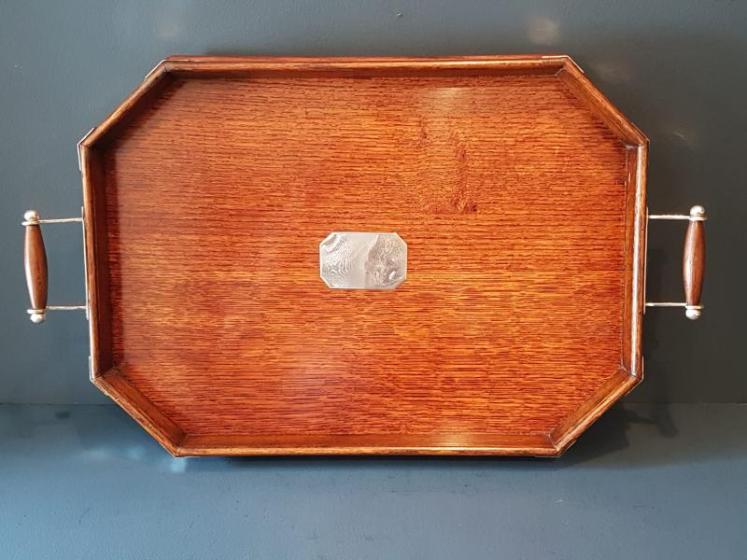 Victorian Oak and Silver Plated Mounted Tray - Image 1