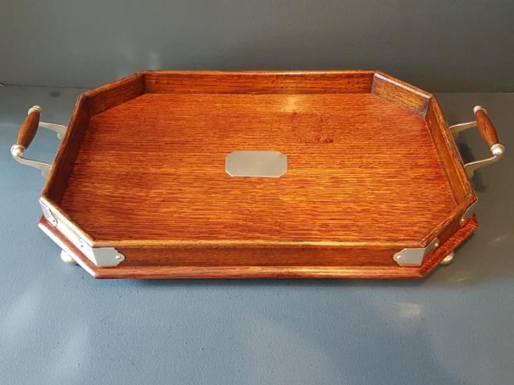 Victorian Oak and Silver Plated Mounted Tray - Image 6