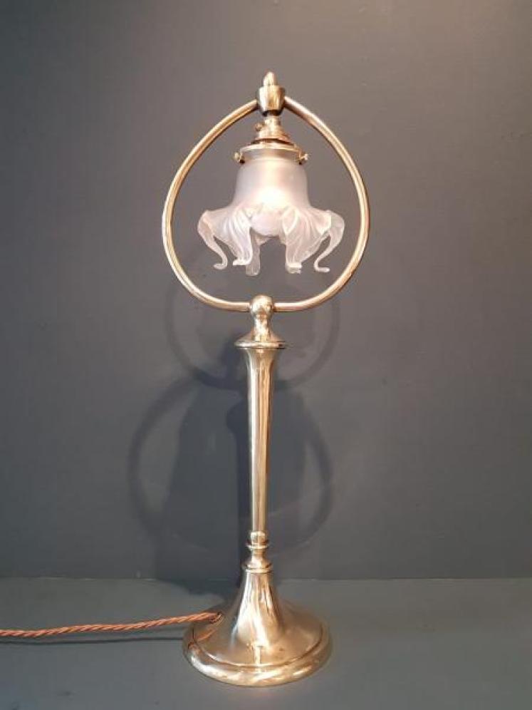 Art Nouveau Brass Table Lamp and Shade - Image 1