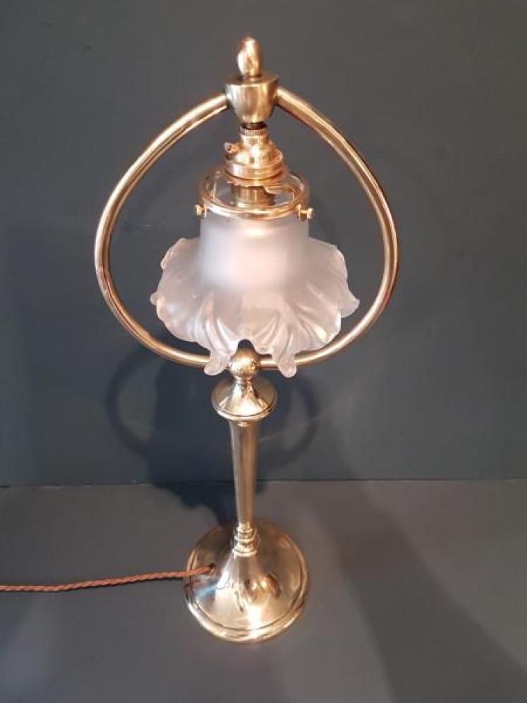 Art Nouveau Brass Table Lamp and Shade - Image 7