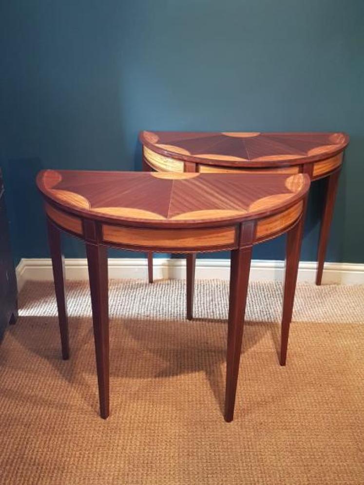 Matching Pair of Edwardian Sheraton Revival Demi Lune Tables - Image 1