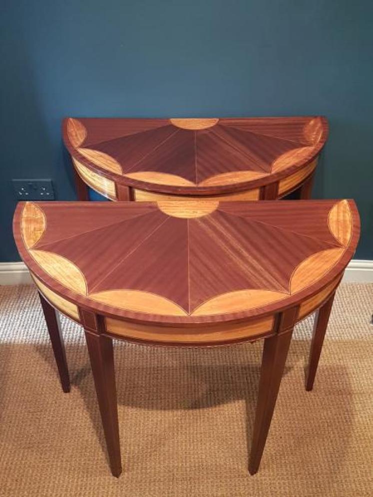 Matching Pair of Edwardian Sheraton Revival Demi Lune Tables - Image 2