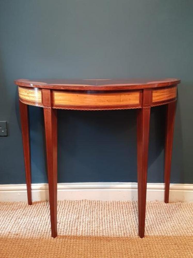 Matching Pair of Edwardian Sheraton Revival Demi Lune Tables - Image 3