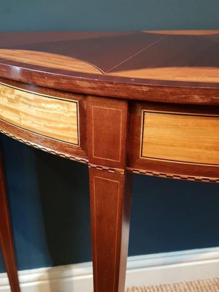 Matching Pair of Edwardian Sheraton Revival Demi Lune Tables - Image 4