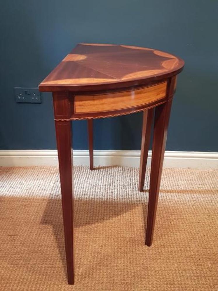 Matching Pair of Edwardian Sheraton Revival Demi Lune Tables - Image 6