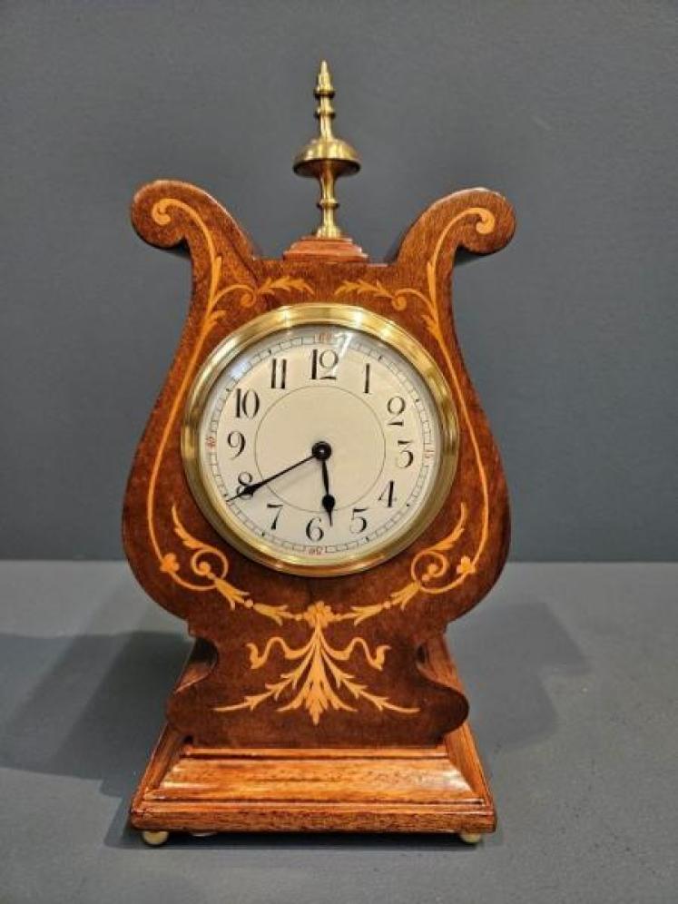 Superb Edwardian Mahogany Inlaid Curled Top Mantel Clock - Image 1