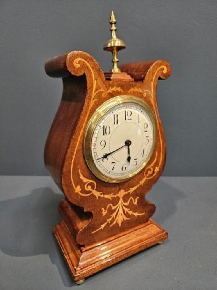 Superb Edwardian Mahogany Inlaid Curled Top Mantel Clock - Image 7