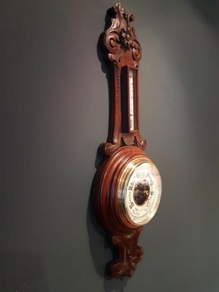 Victorian Carved Oak Banjo Barometer With Skeletonised Movement - Image 7