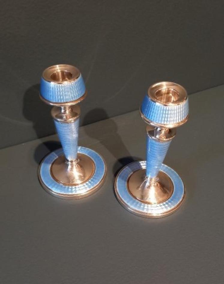 Pair of George V Silver & Pale Blue Enamel Candlesticks - Image 4