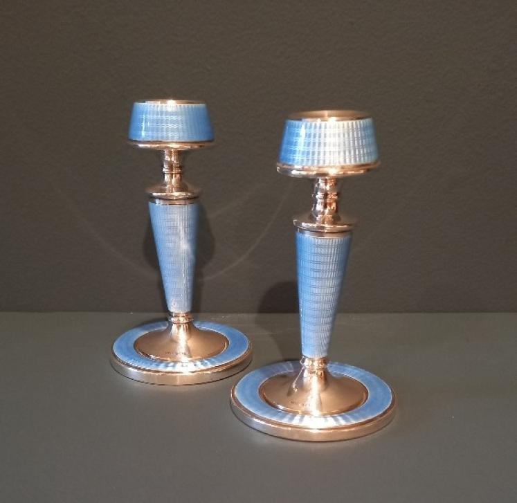 Pair of George V Silver & Pale Blue Enamel Candlesticks - Image 5