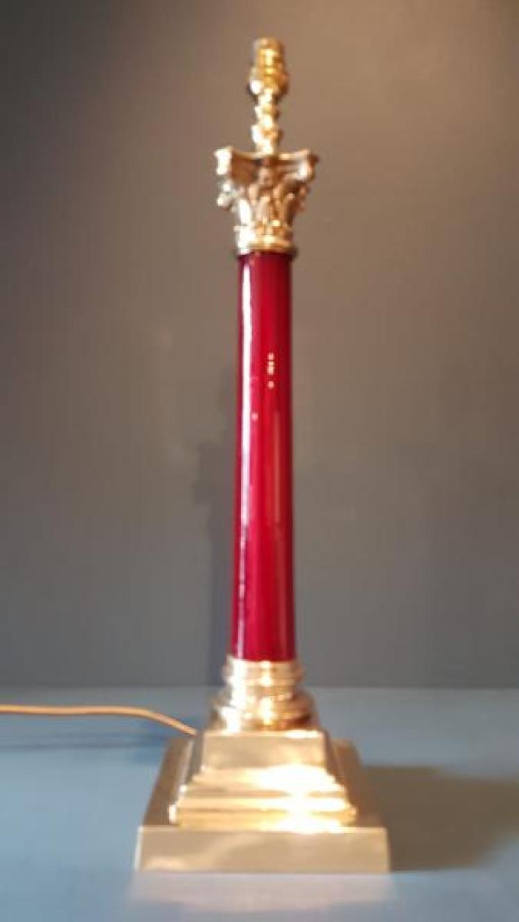 Edwardian Cast Brass & Red Glass Column Lamp  - Image 1