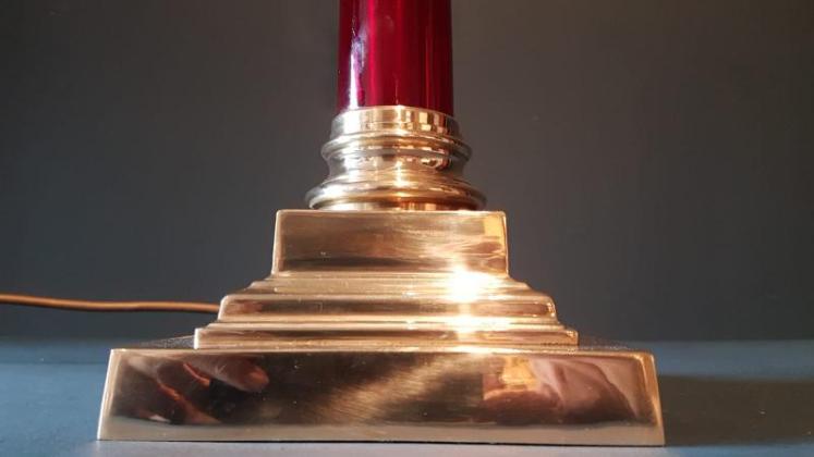 Edwardian Cast Brass & Red Glass Column Lamp  - Image 5