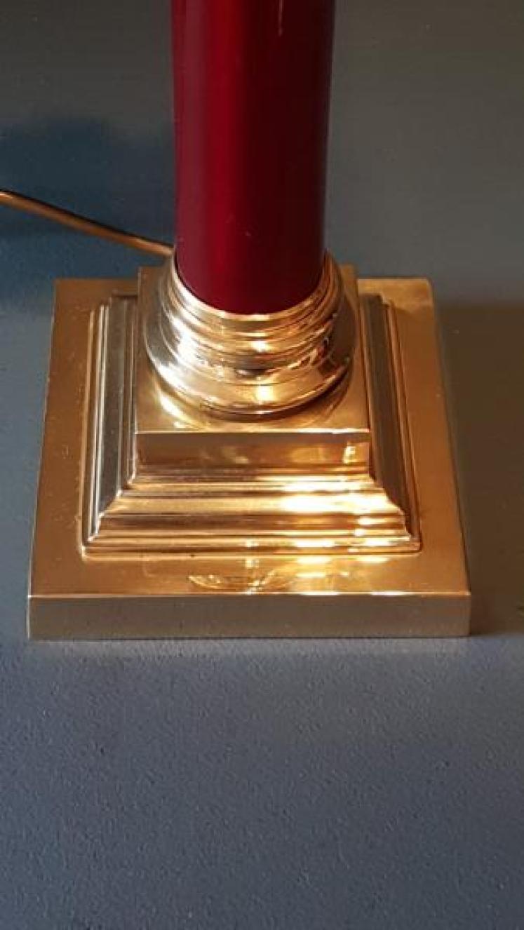 Edwardian Cast Brass & Red Glass Column Lamp  - Image 6
