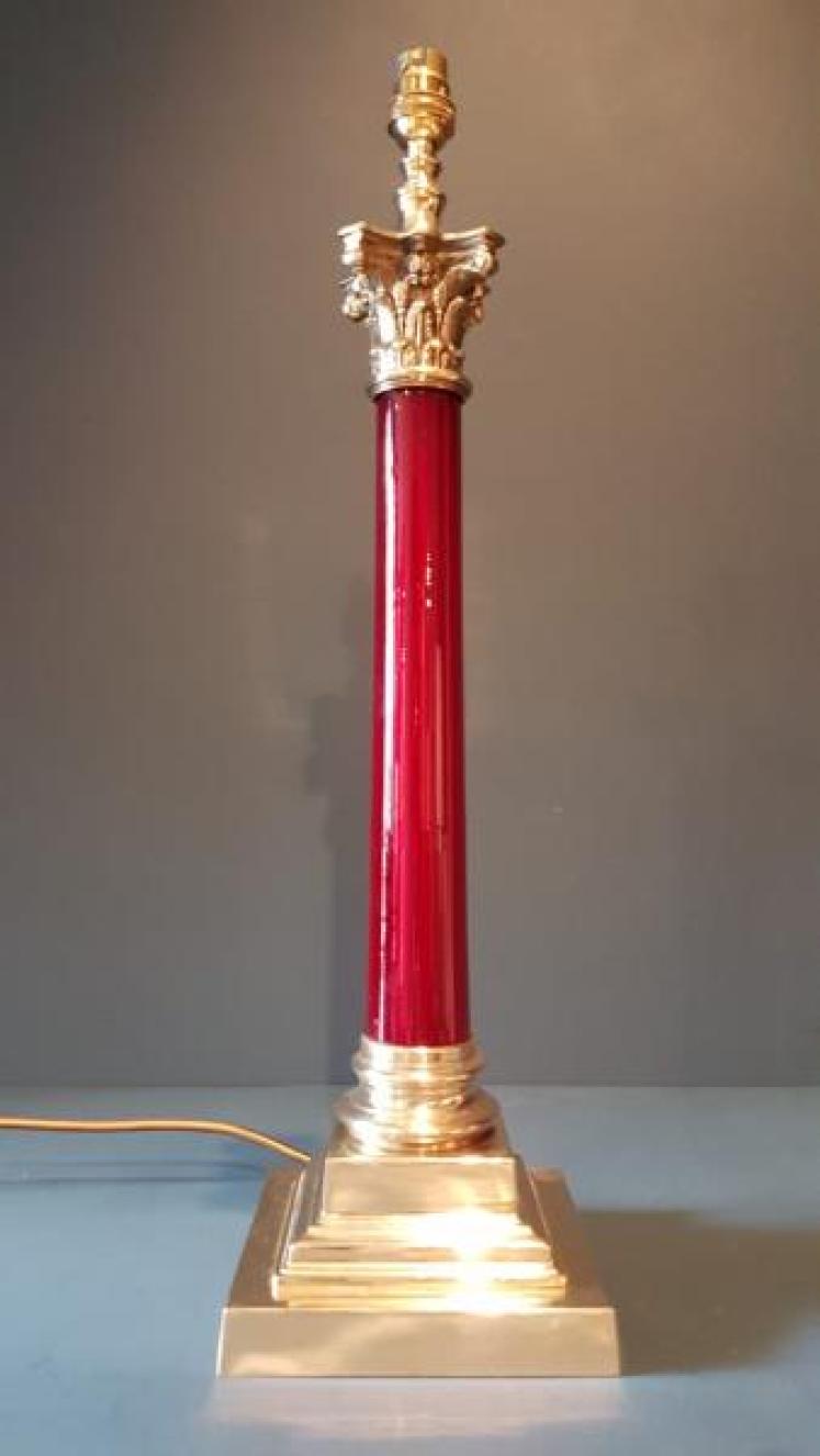 Edwardian Cast Brass & Red Glass Column Lamp  - Image 7