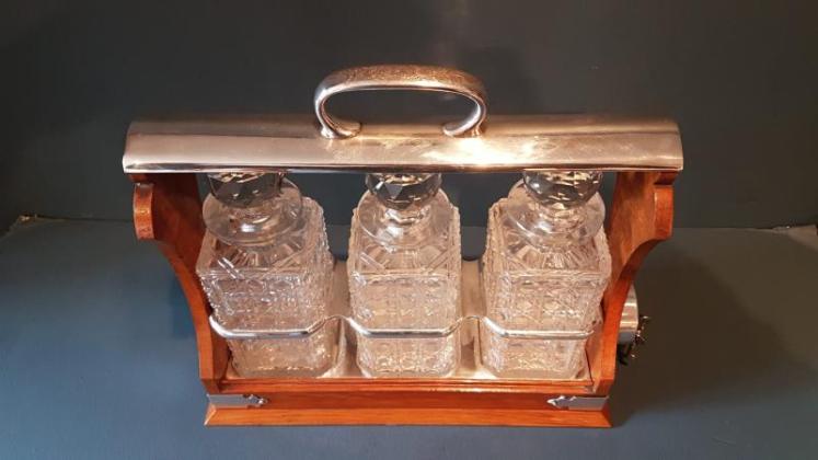 Victorian Oak and Silver Plate Three Bottle Tantalus - Image 2