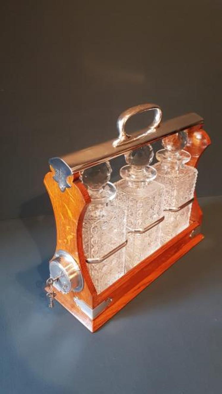 Victorian Oak and Silver Plate Three Bottle Tantalus - Image 3