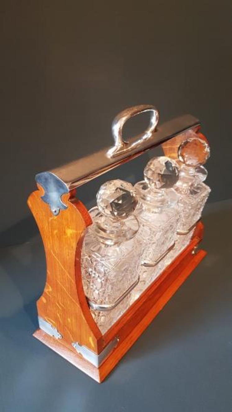 Victorian Oak and Silver Plate Three Bottle Tantalus - Image 7