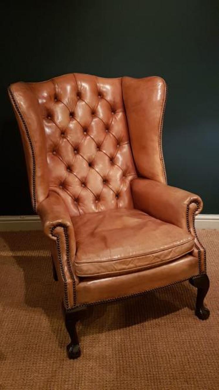 Edwardian Tan Leather Wing Back Arm Chair - Image 1