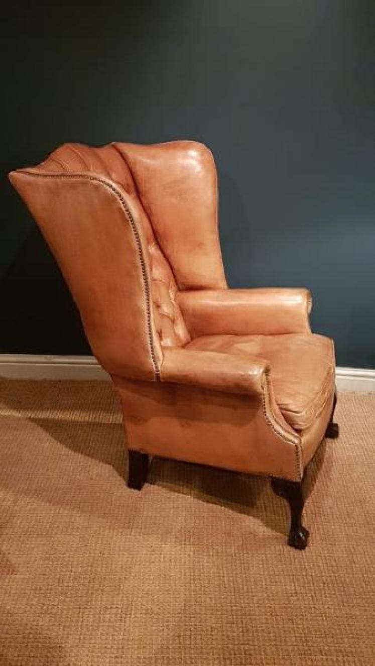 Edwardian Tan Leather Wing Back Arm Chair - Image 2