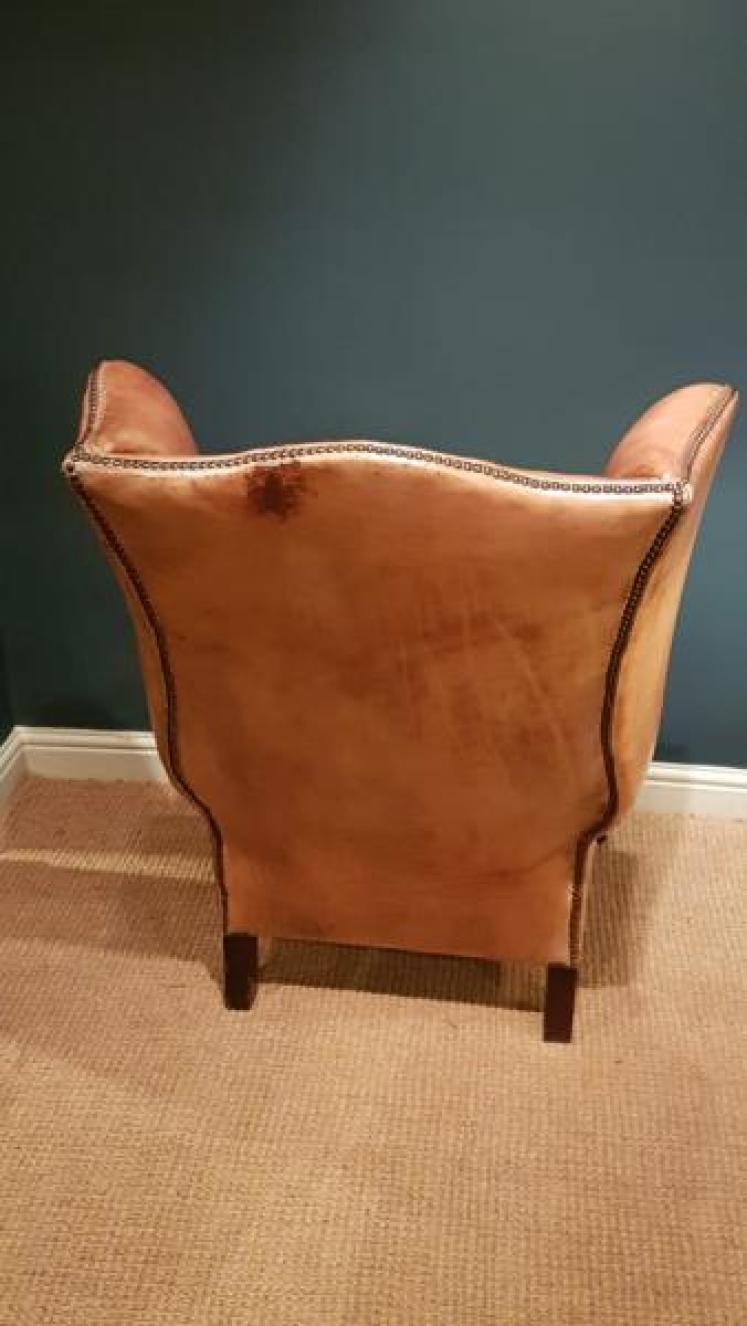 Edwardian Tan Leather Wing Back Arm Chair - Image 3