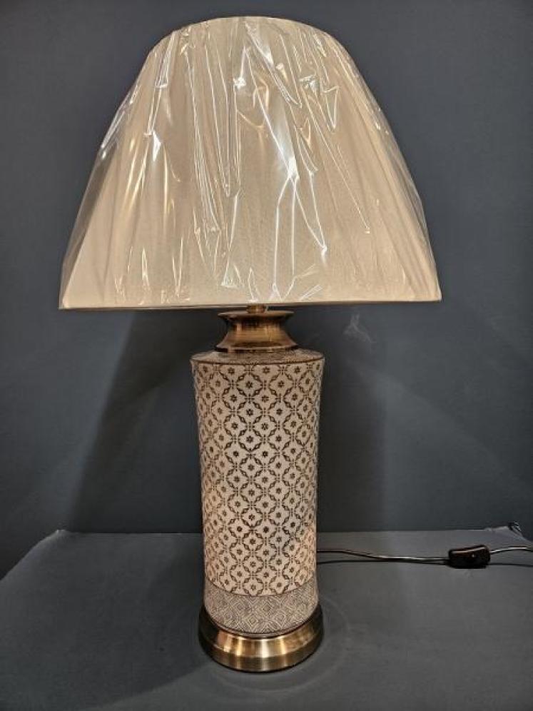 Cylinder Porcelain Lamp with Blue Trellis Design and Shade - Image 1