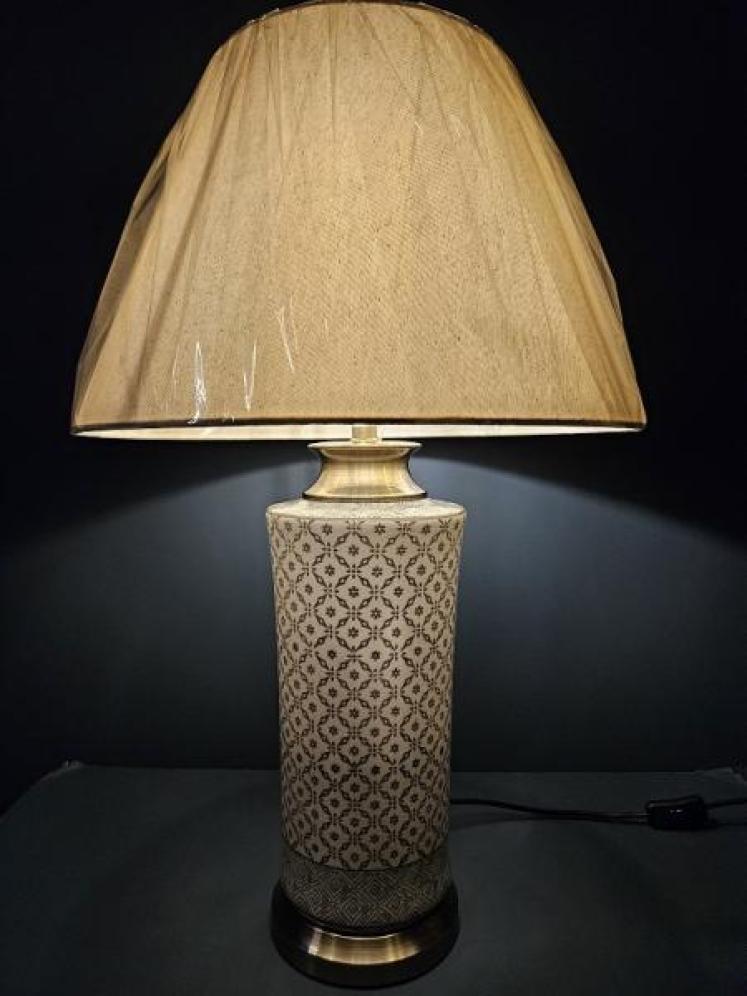 Cylinder Porcelain Lamp with Blue Trellis Design and Shade - Image 5