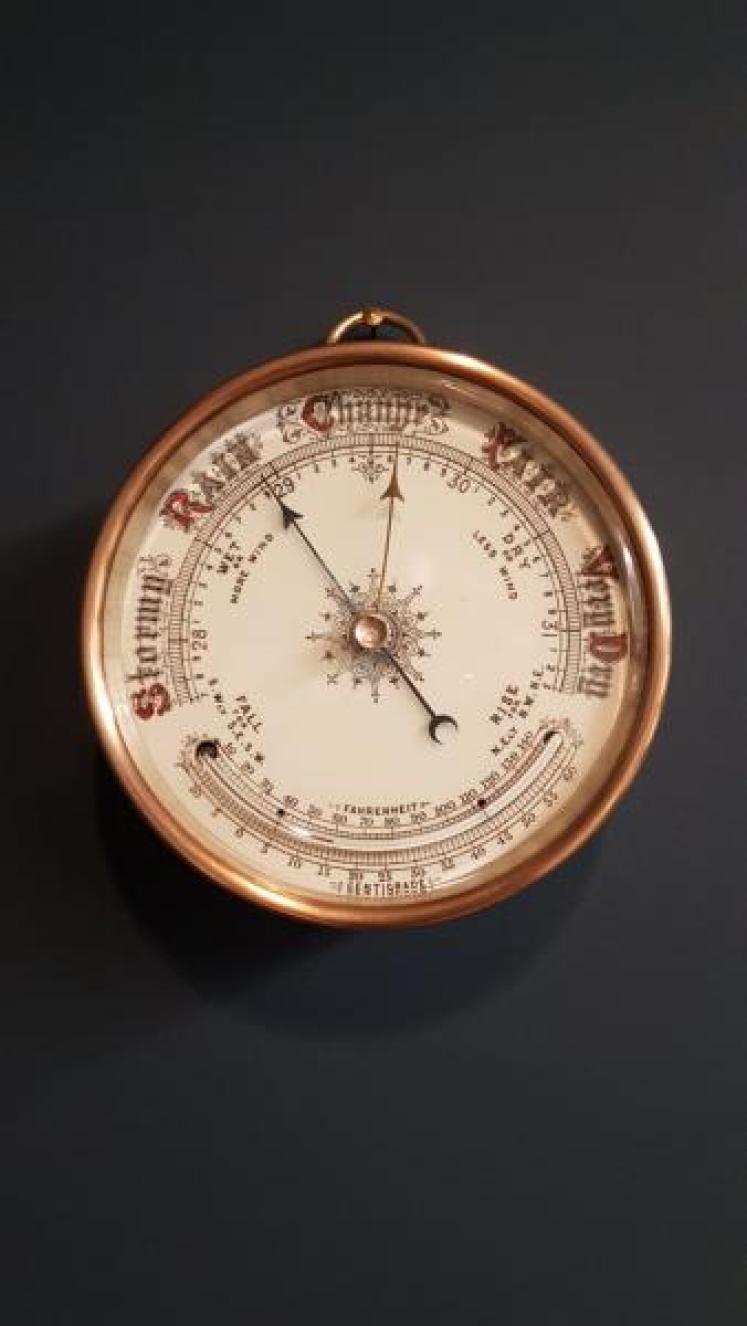 Victorian Brass Cased Marine Barometer with Crescent Thermometer - Image 1