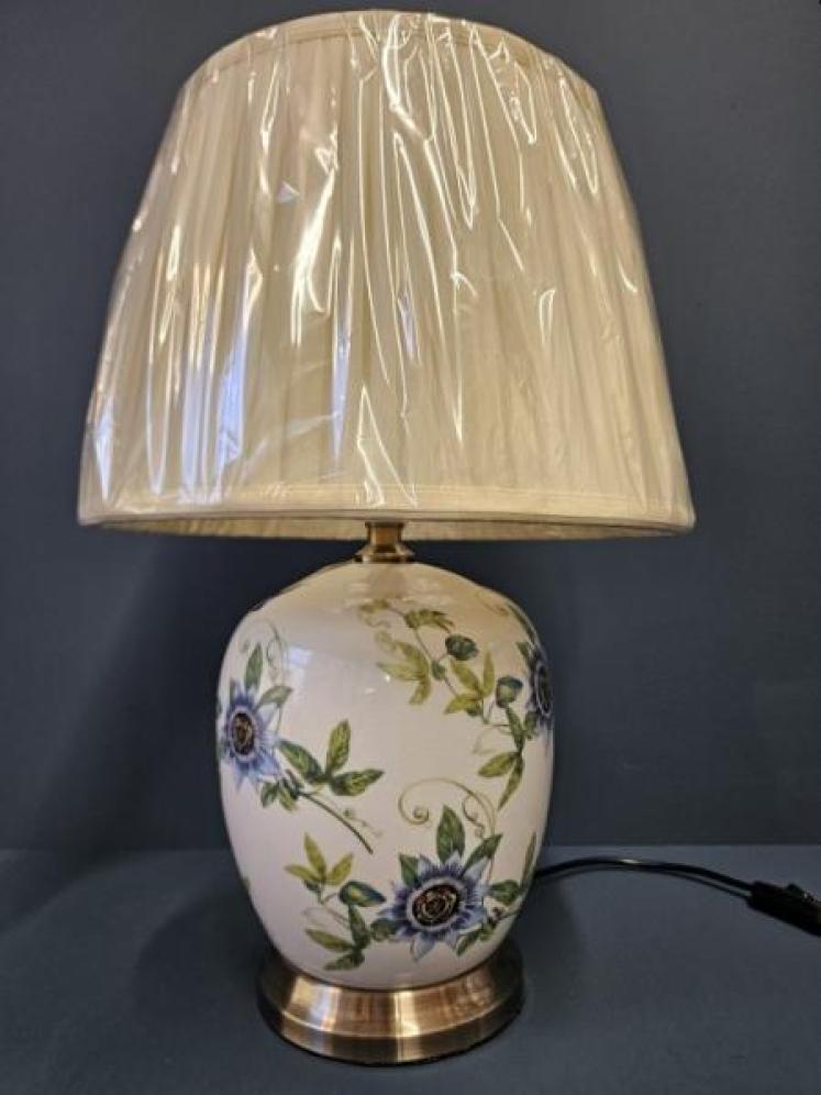 Porcelain Lamp with Passion Flower Design and Silk Effect Shade - Image 1