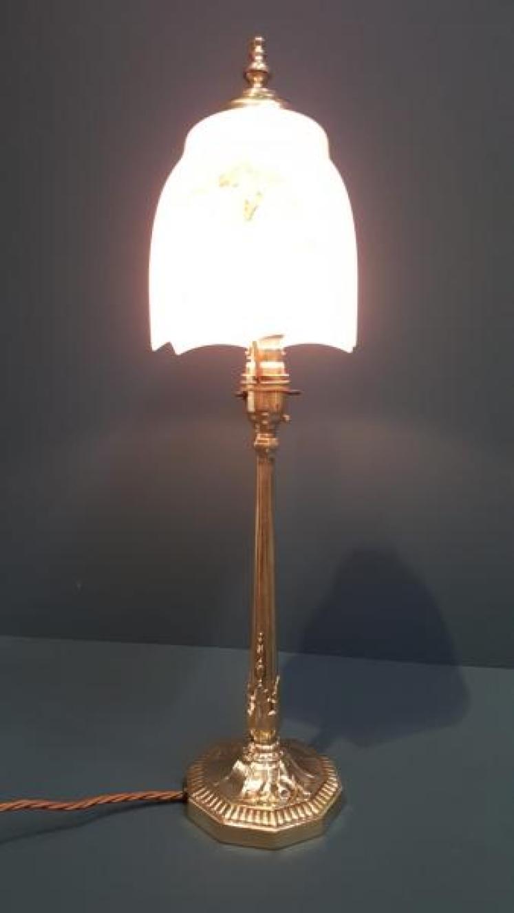 Edwardian Brass Table Lamp and Glass Shade - Image 2