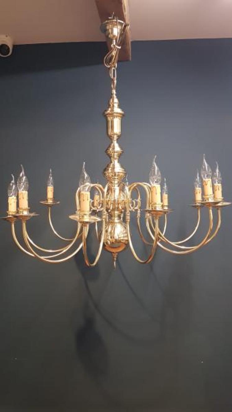 Edwardian 12 Arm Brass Chandelier - Image 2