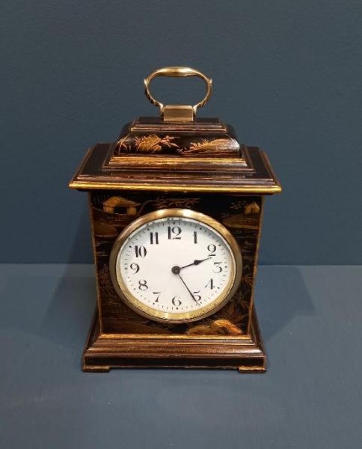 Edwardian Black Chinoiserie Mantel Clock  - Image 1