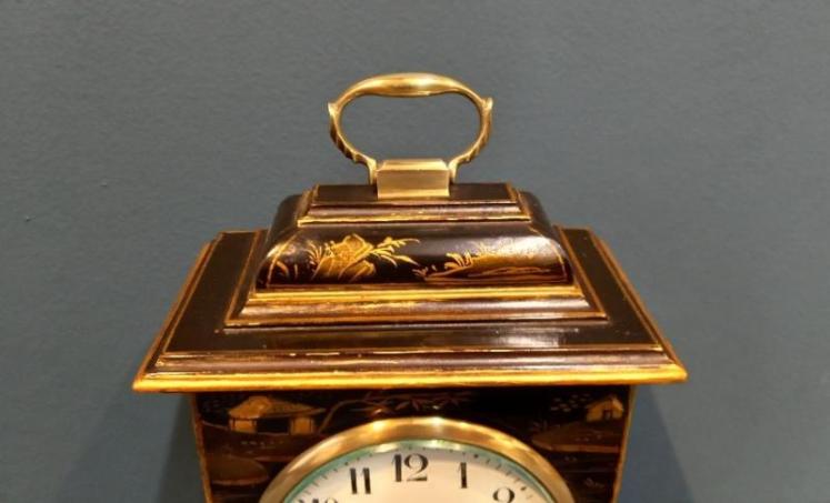 Edwardian Black Chinoiserie Mantel Clock  - Image 2
