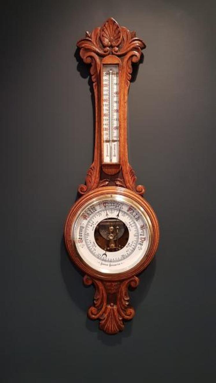 Superb Victorian Carved Oak Banjo Barometer with Skeletonised Movement - Image 1