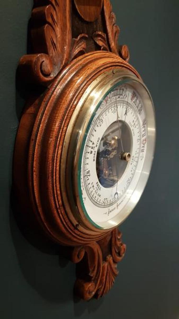 Superb Victorian Carved Oak Banjo Barometer with Skeletonised Movement - Image 5