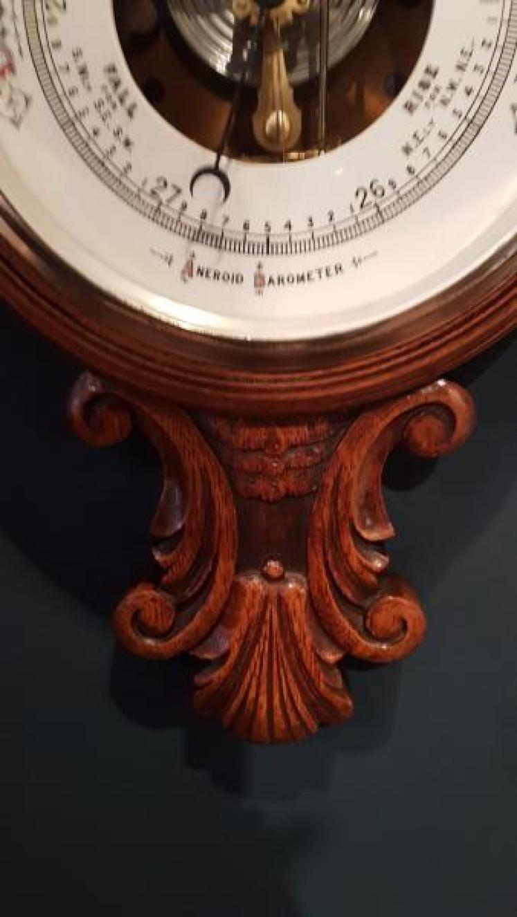 Superb Victorian Carved Oak Banjo Barometer with Skeletonised Movement - Image 6
