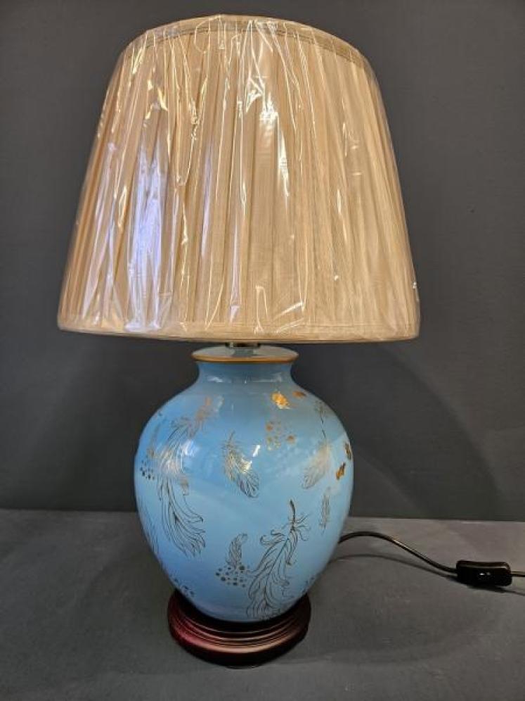 Porcelain Turquoise Feather Design Lamp and Shade OUT OF STOCK - Image 1