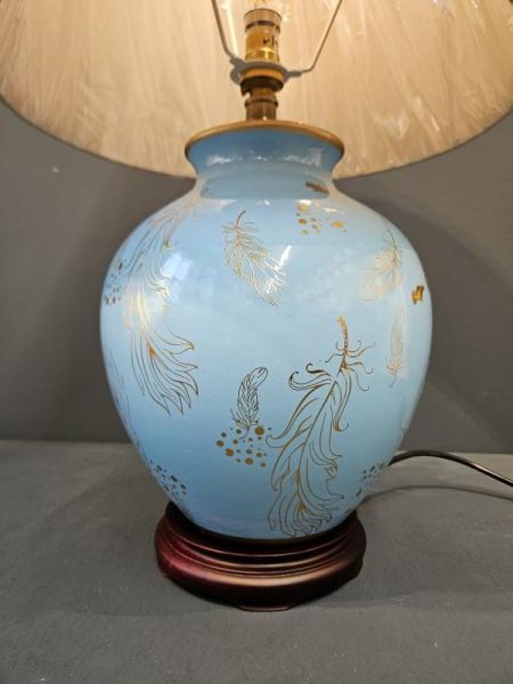 Porcelain Turquoise Feather Design Lamp and Shade OUT OF STOCK - Image 2