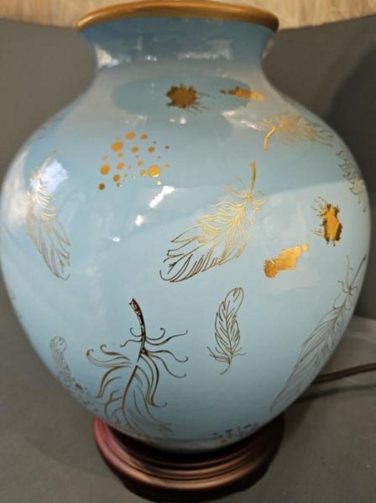 Porcelain Turquoise Feather Design Lamp and Shade OUT OF STOCK - Image 4